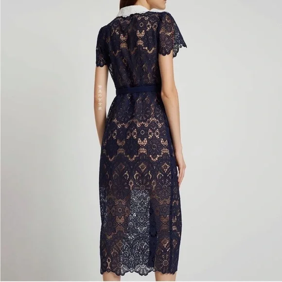 Self Portrait White Collar Navy Lace Midi Dress Size 8 - Picture 2 of 16